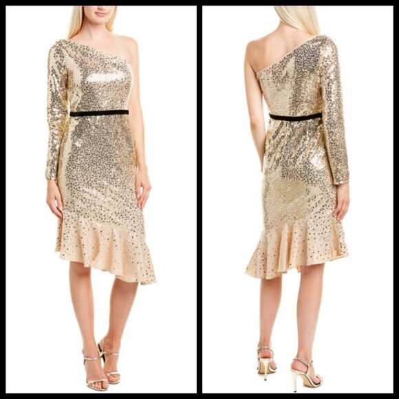 💕MARCHESA NOTTE💕 Glitter Ruffle Asymmetric Cocktail Dress ~ Champagne 4 NWT - Picture 2 of 11